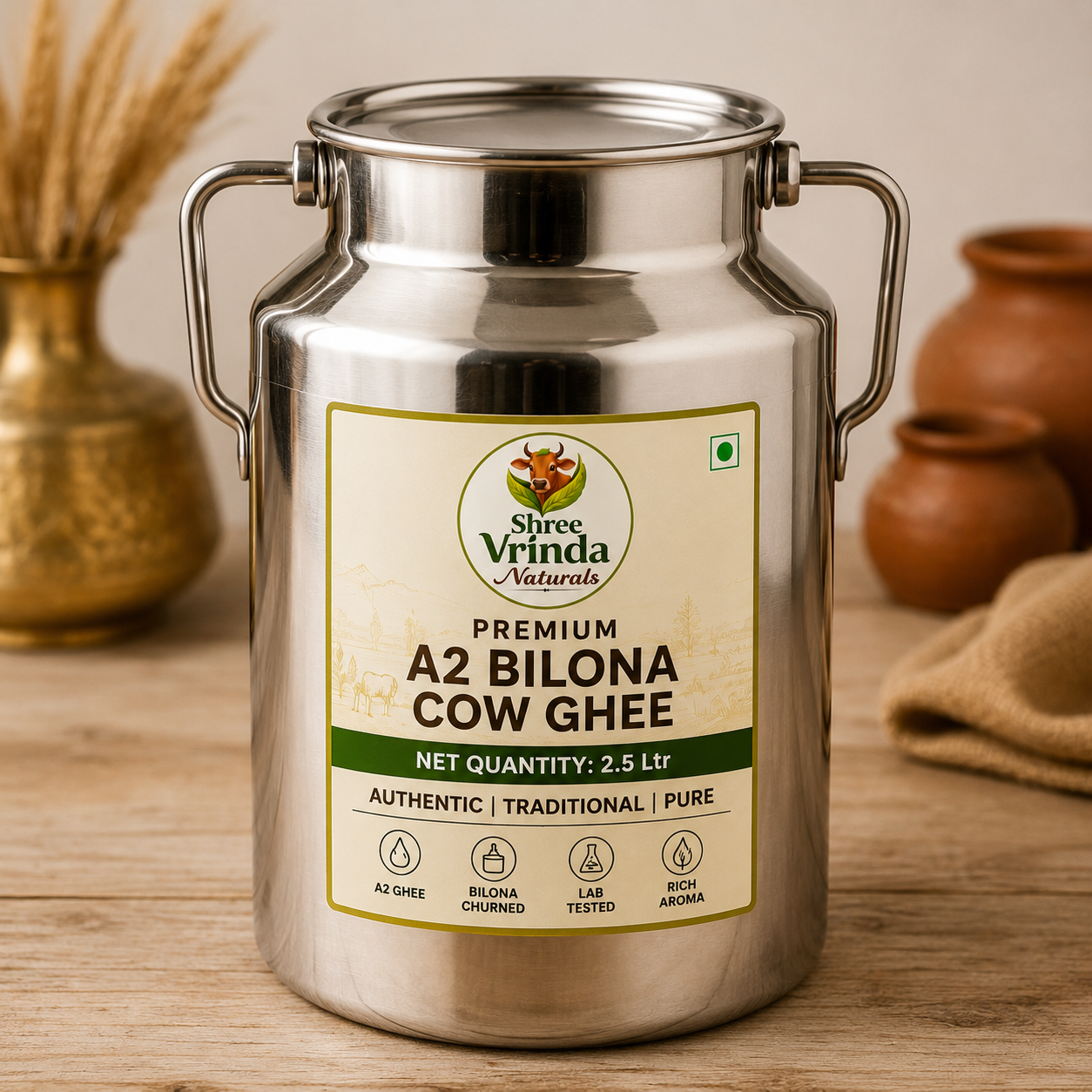 Pure A2 Bilona Cow Ghee | 2.5 Litre Steel Dolchi