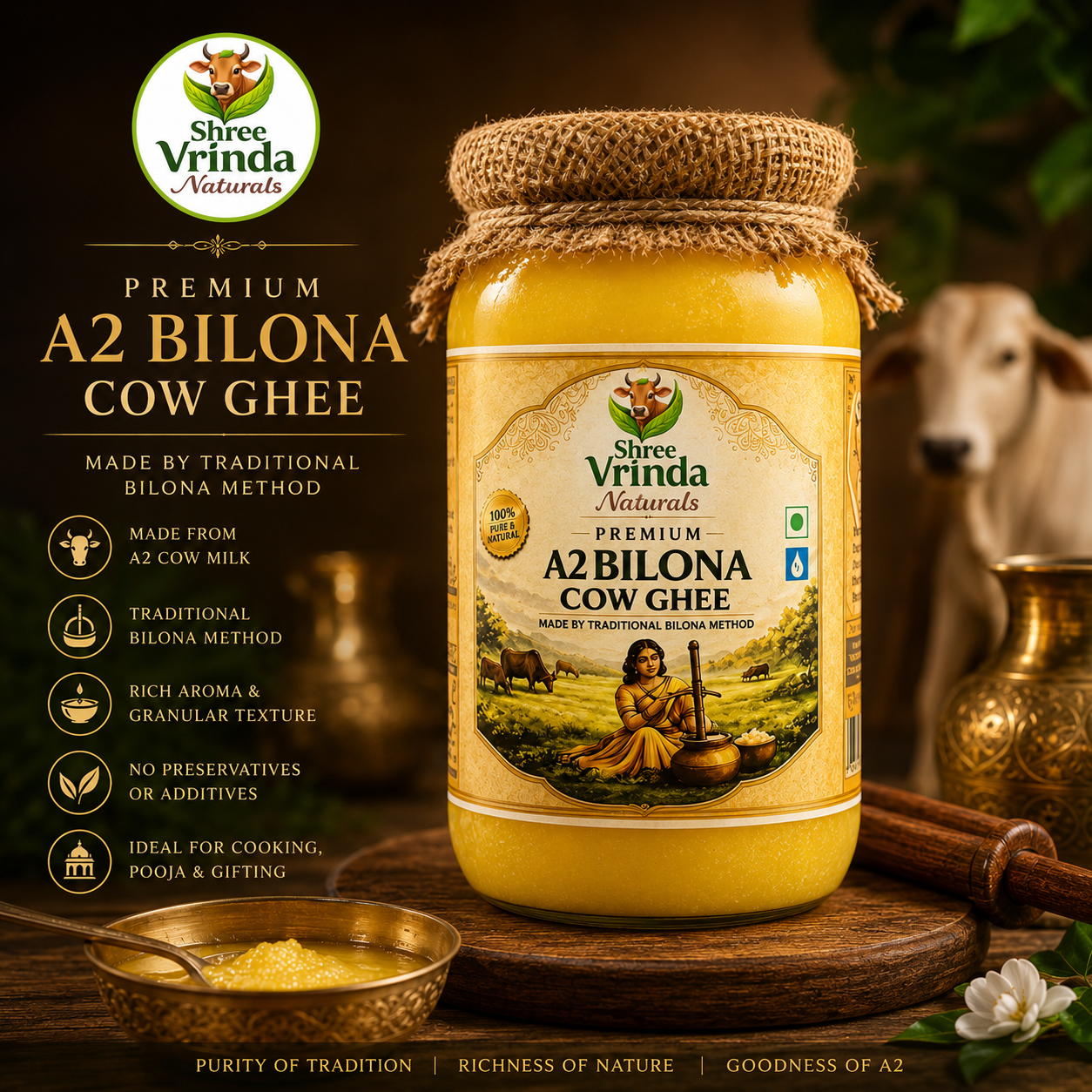 Pure A2 Bilona Cow Ghee 1 L | Glass Jar